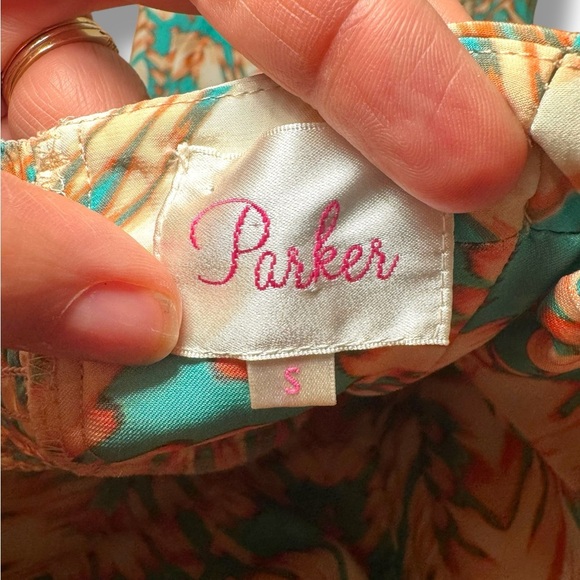 Parker Teal White and Orange Patterned Silk Dress Sz S GUC - Picture 3 of 8